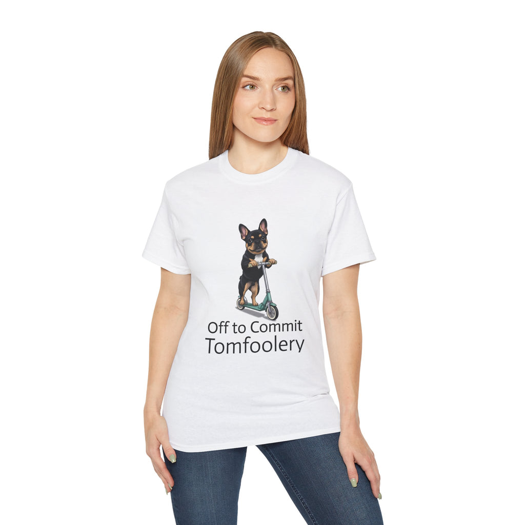 Frenchie Scooter Tee — “Off to Commit Tomfoolery” Graphic T-Shirt