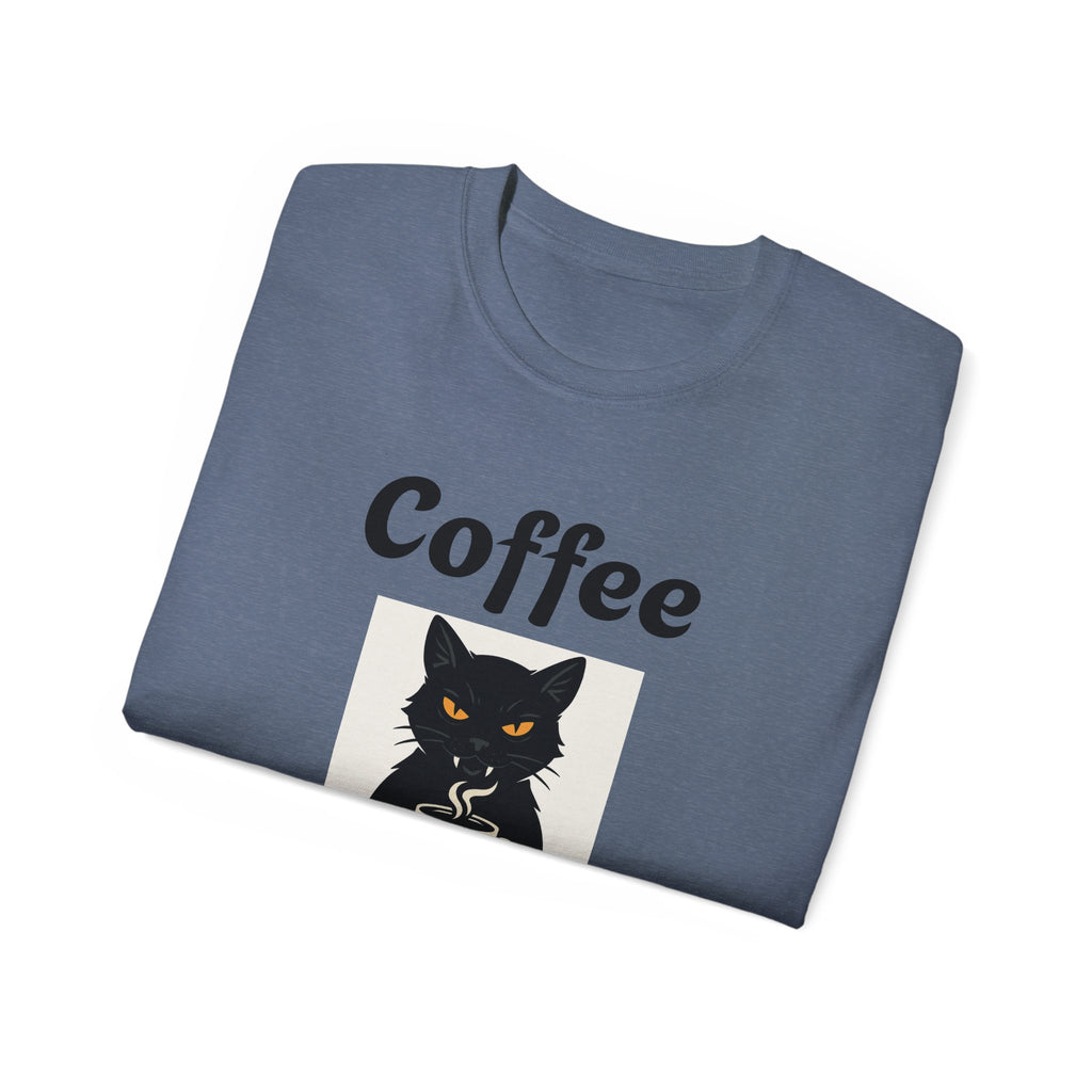 Coffee Because Murder is Wrong Cat with coffee cup graphic Unisex Tee - Fun Gift for Coffee Lovers, Cat Lovers, Cozy Wear, Perfect for Birthdays, Casual Outings, Halloween