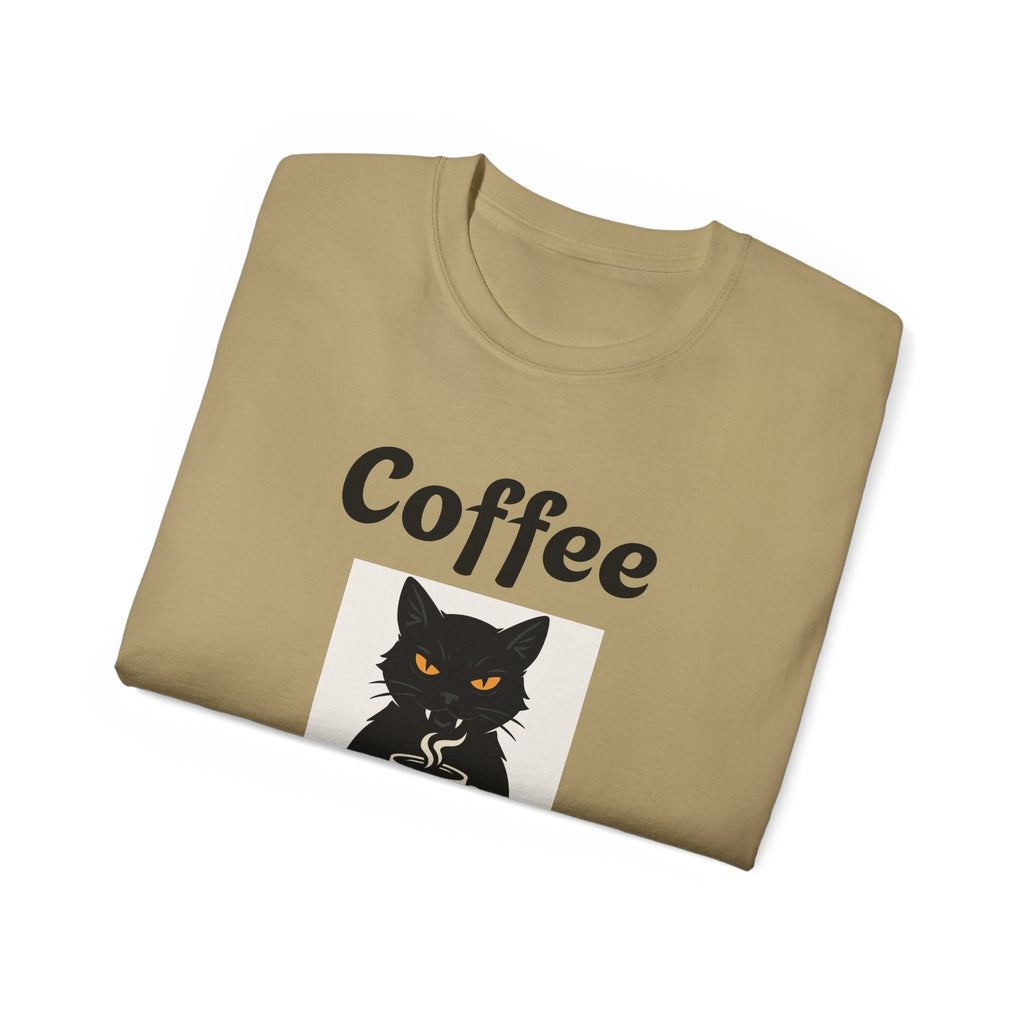 Coffee Because Murder is Wrong Cat with coffee cup graphic Unisex Tee - Fun Gift for Coffee Lovers, Cat Lovers, Cozy Wear, Perfect for Birthdays, Casual Outings, Halloween