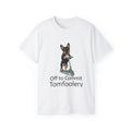 Frenchie Scooter Tee — “Off to Commit Tomfoolery” Graphic T-Shirt