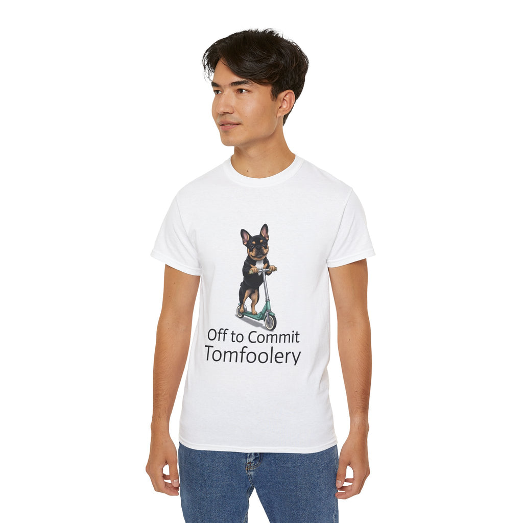 Frenchie Scooter Tee — “Off to Commit Tomfoolery” Graphic T-Shirt