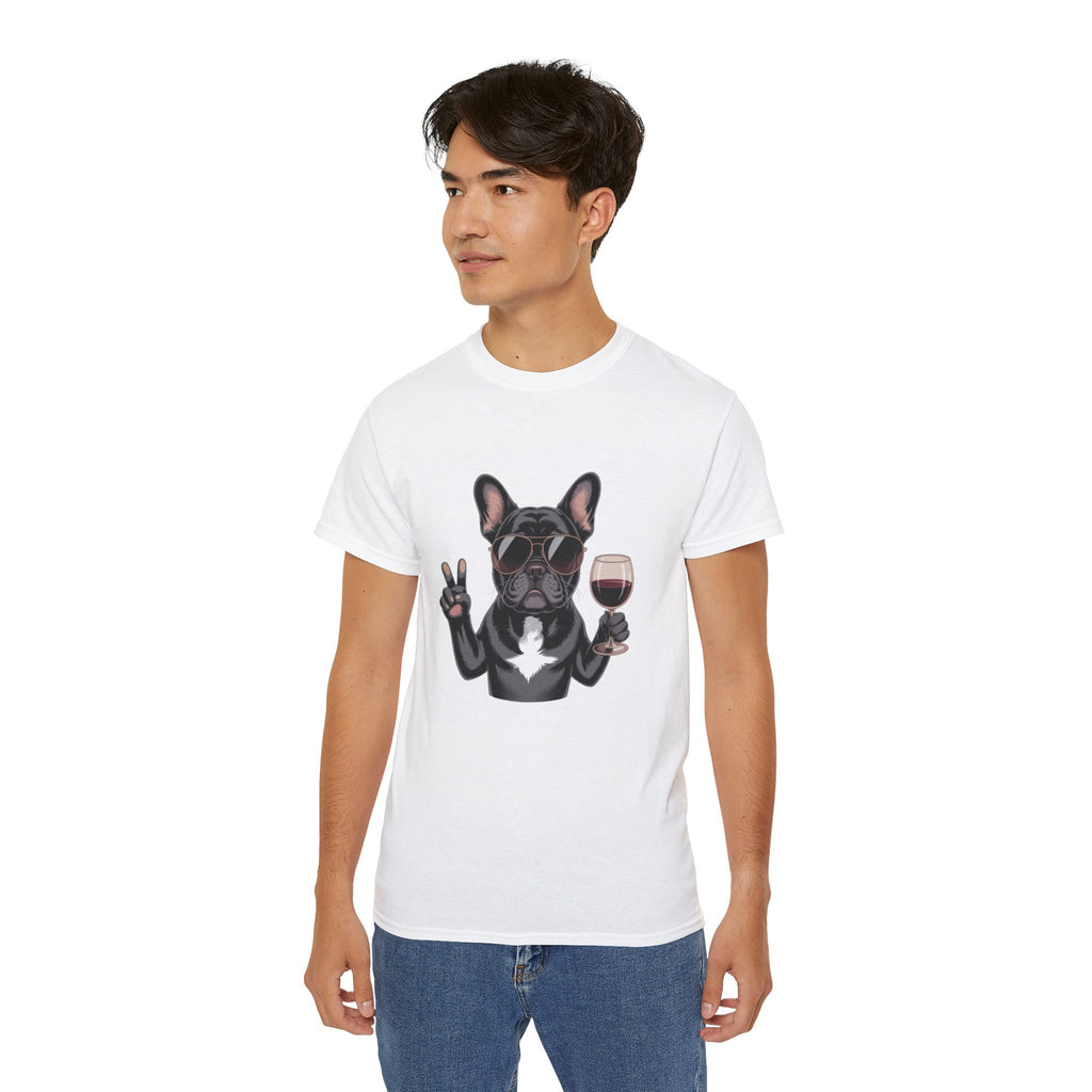 French Bulldog Peace Sign and wine  V-Neck Tee - Unisex Jersey T-Shirt